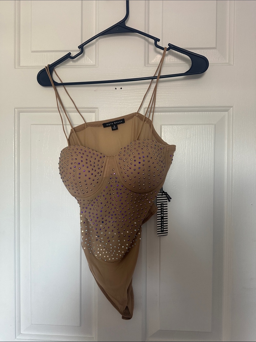 Nasty Gal Tan Rhinestone Bustier Bodysuit with Double Straps